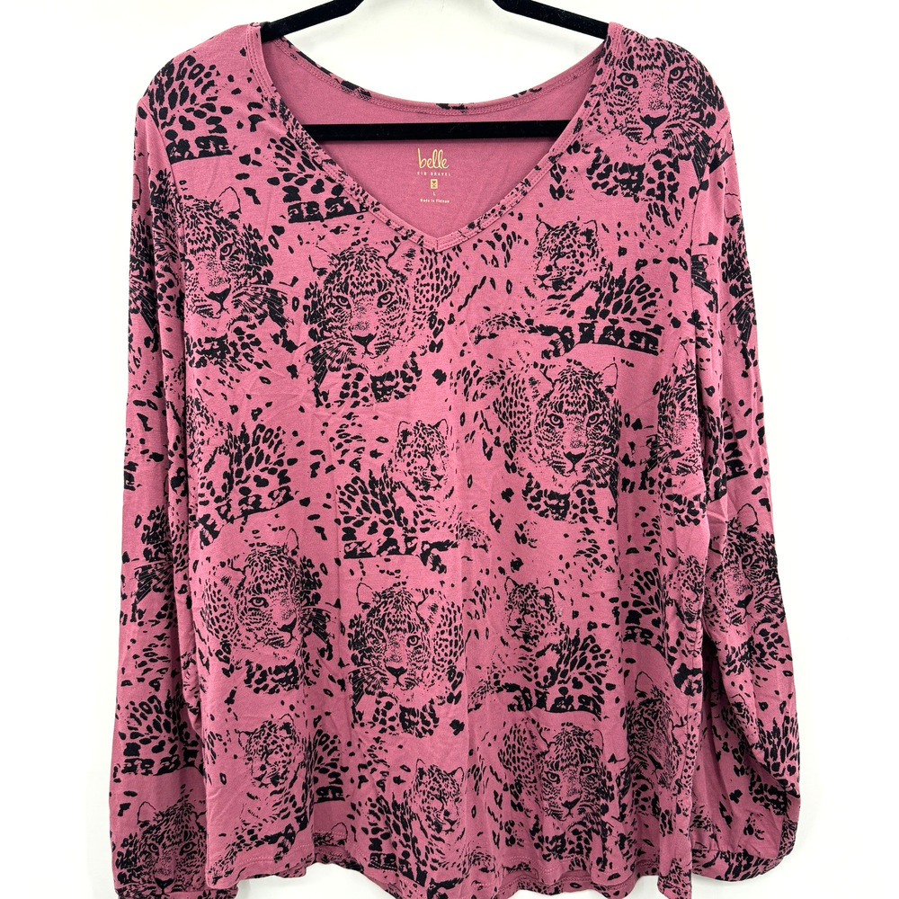 Belle Kim Gravel Leopard Cotton Tee Top Size L Pink Novelty Colorful Tropical